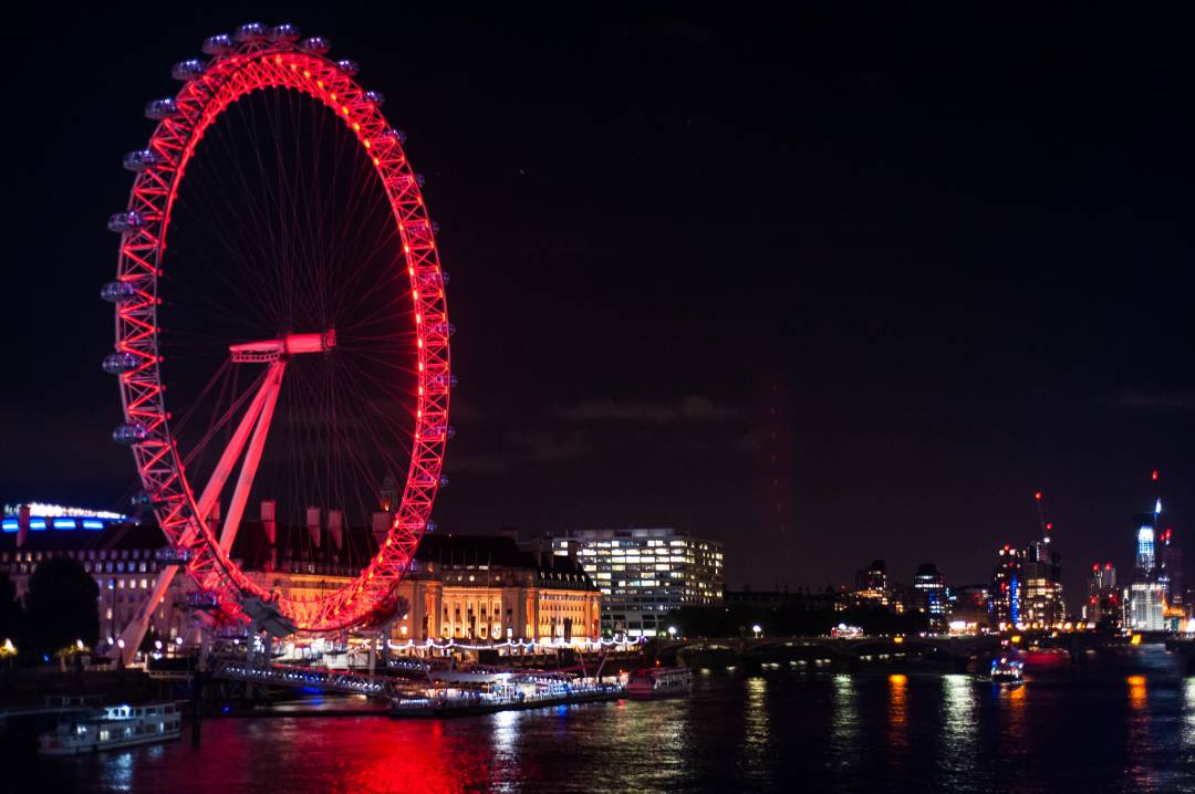 London Eye At Night Lit Up Red