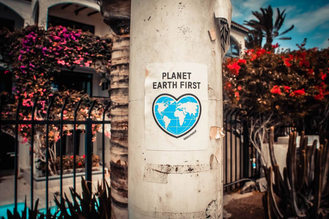 Lamp post with a sign that says "Planet Earth First"
