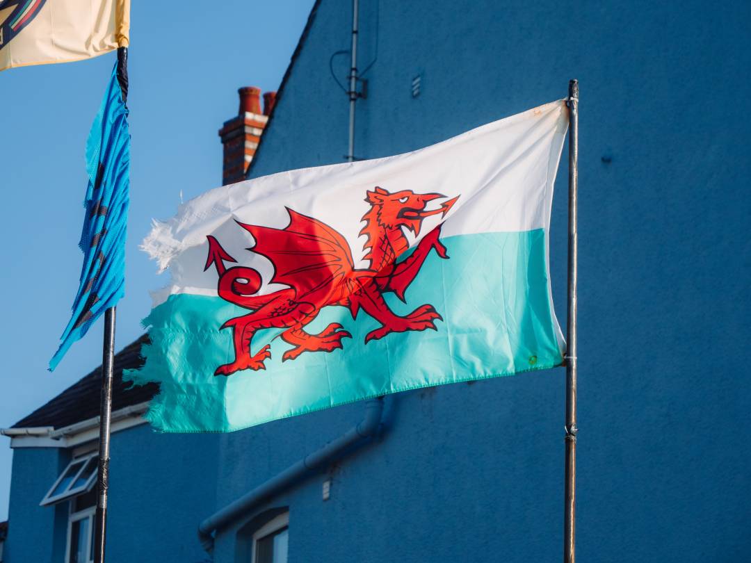 Welsh flag on a flag post with houses in the background