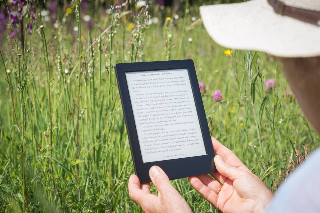Person holding an e-reader in a meadow with wild flowers in bloom