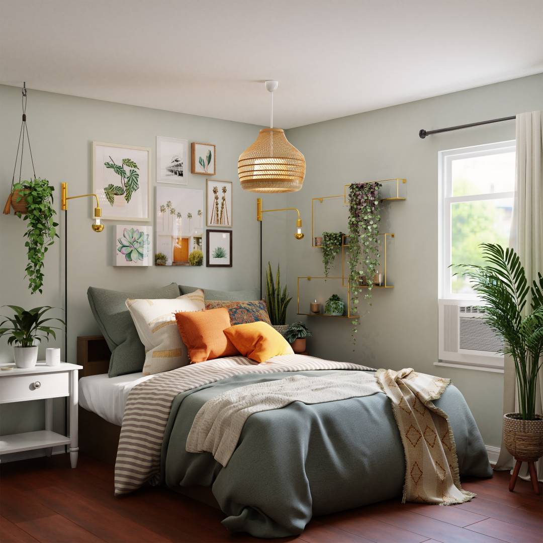 Stylish Bedroom With Large Double Bed, Window And Plants