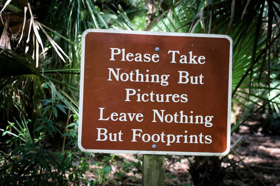 Brown Sign With White Lettering Saying Please Take Nothing But Pictures Leave Nothing But Footprints