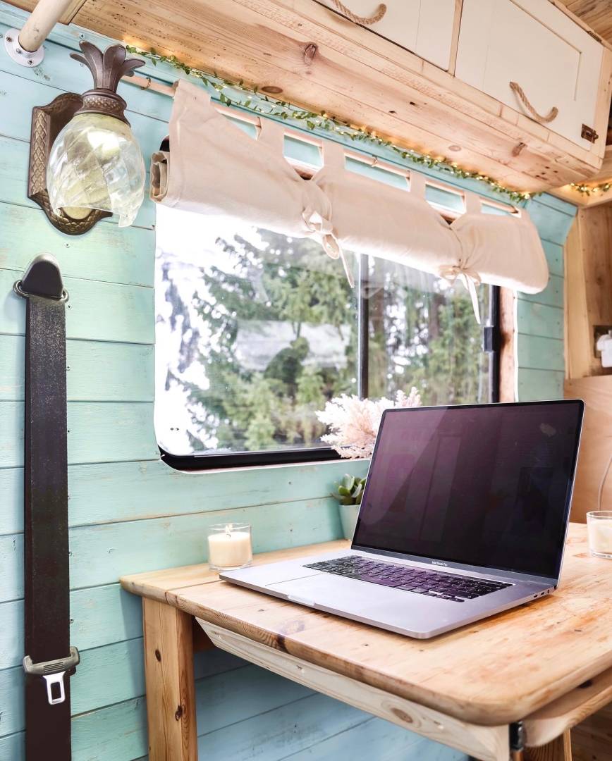 Campervan Interior With Desk And Mac By Maui And Us