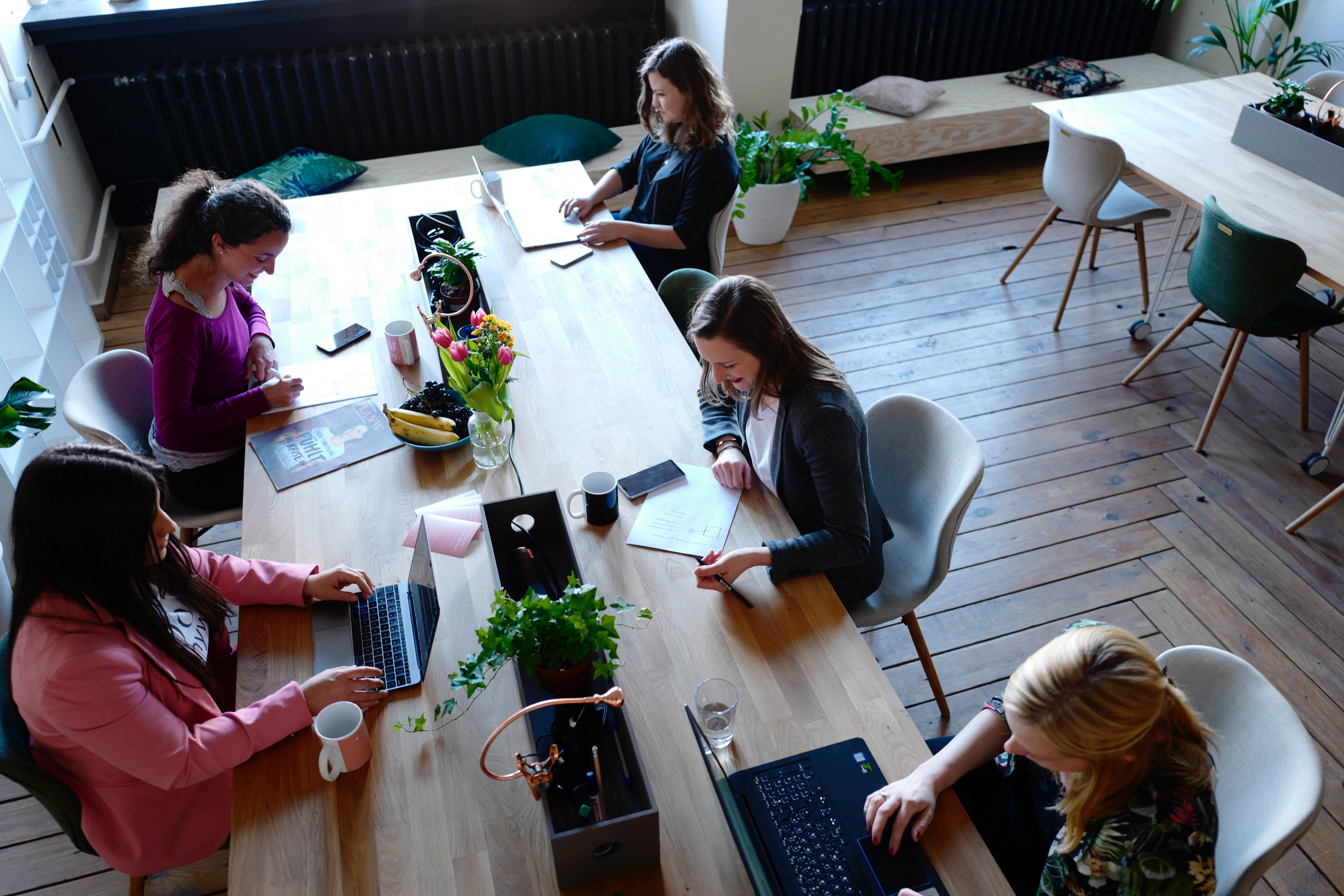 View of women working on laptops in an open-plan office