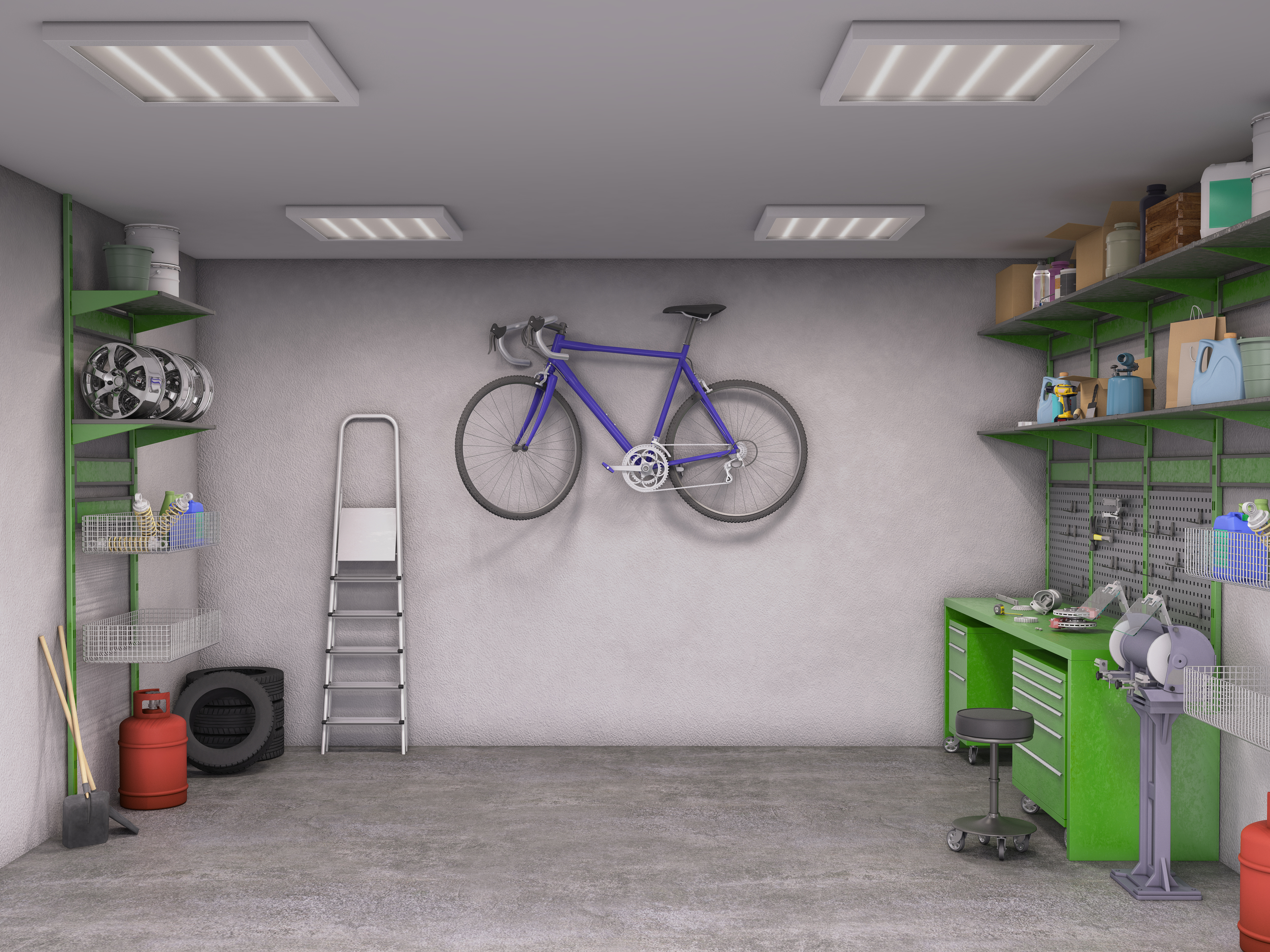 Inside of a garage with shelves and a bicycle hanging from the wall